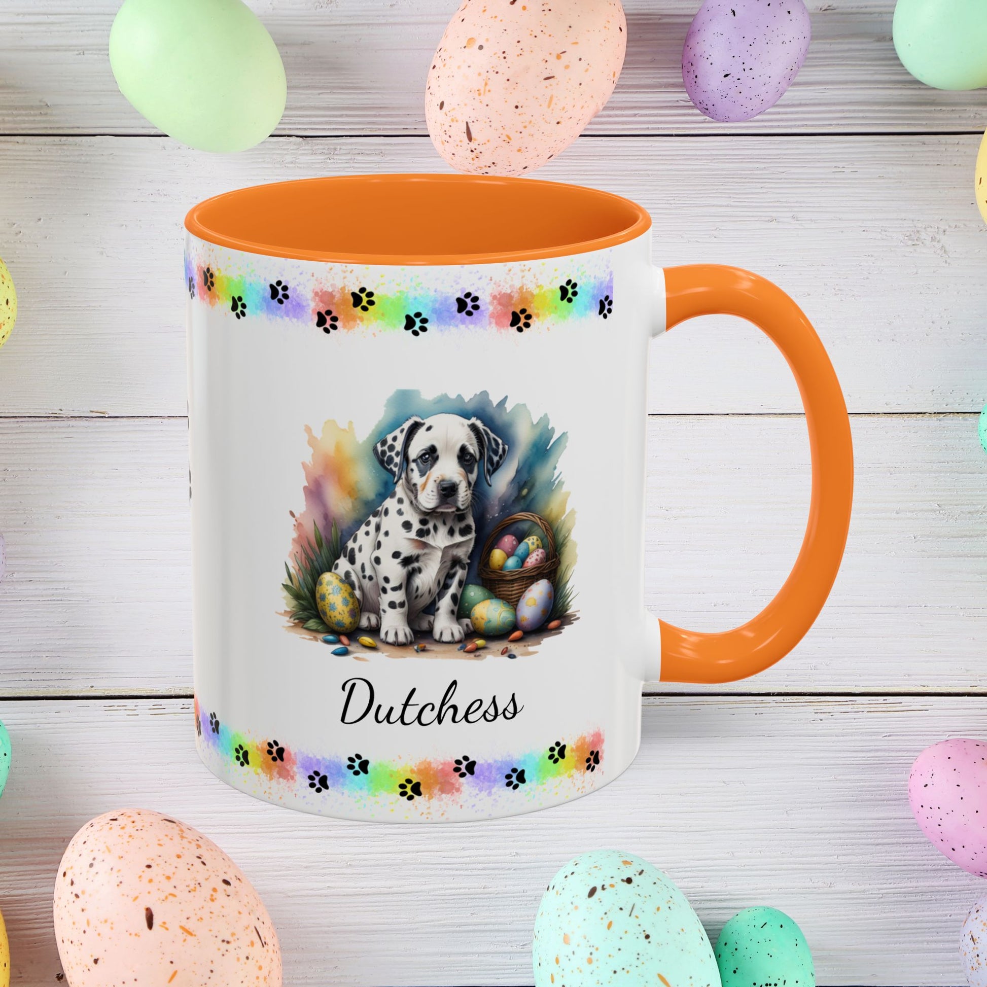 Dalmatian: Personalized Easter Puppy Coffee Mug - Adorable Dog Design, Mental Health Gift, 11oz & 15oz, 12 Color Choices, Easter Gifts & Décor