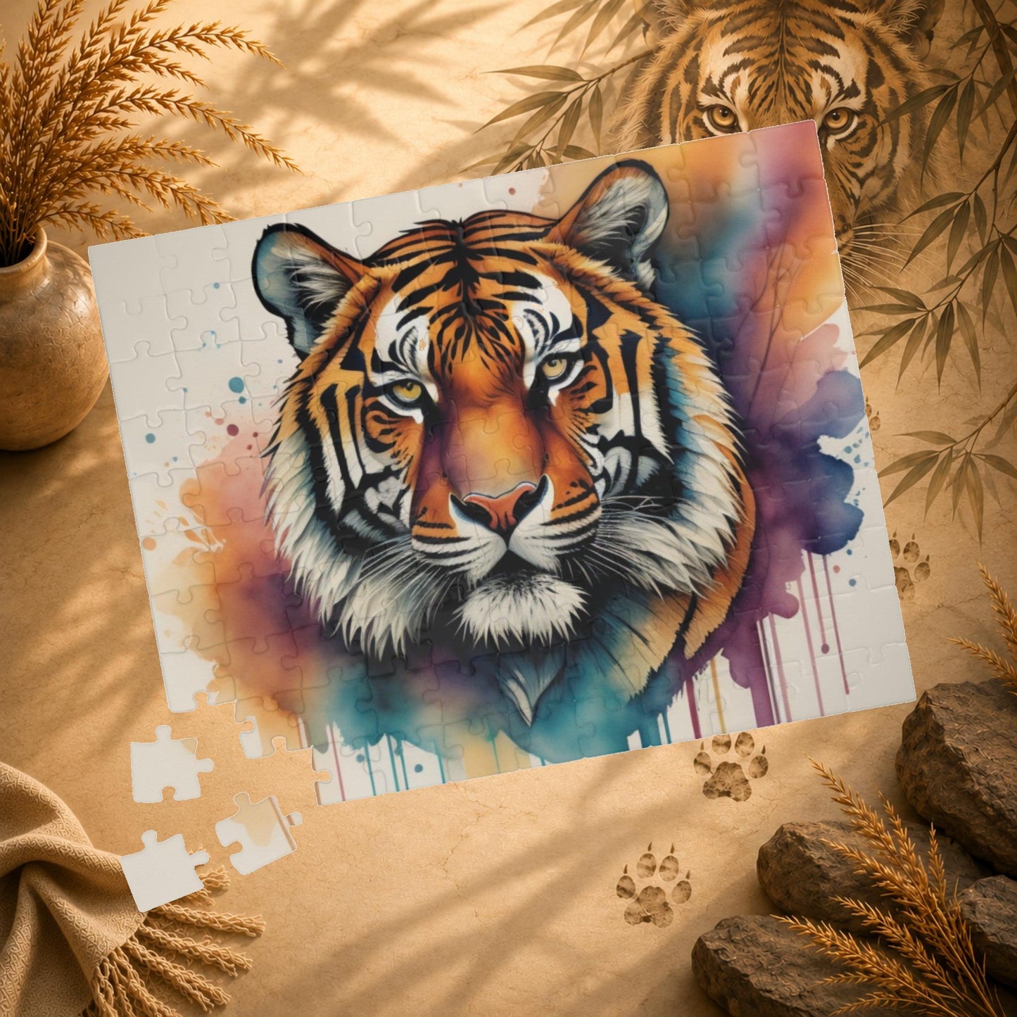 Stalking Serenity - Watercolor Tiger Puzzle with Peach, Purple, and Teal Washes on White