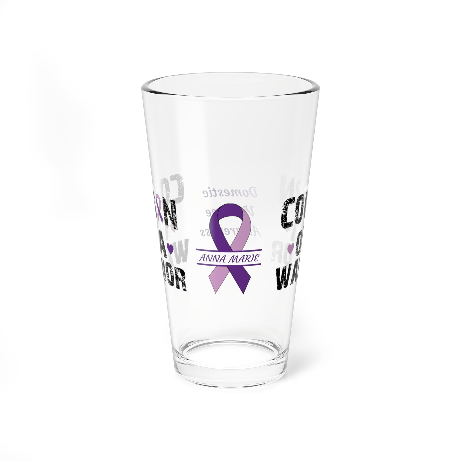 Cousin of a Warrior: Personalized Domestic Violence Awareness Warrior Pint Glass - Proud Family Member