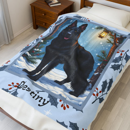 German Shepherd Black custom winter blanket with strong German Shepherd artwork in a cozy snowy lodge scene