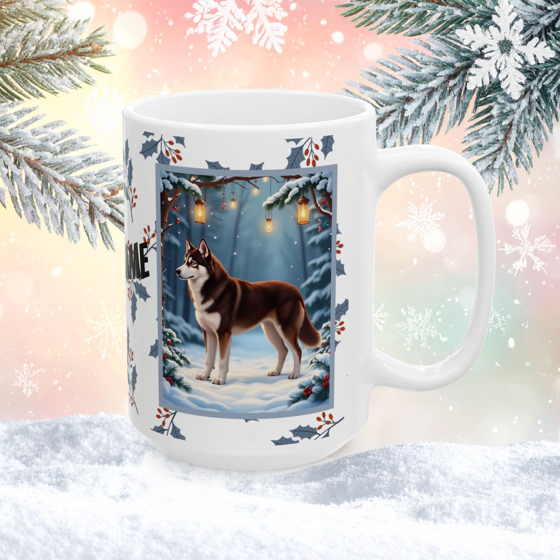 Husky (Chocolate Red) Winter Mug - chocolate red husky artwork standing in a festive winter setting with snow