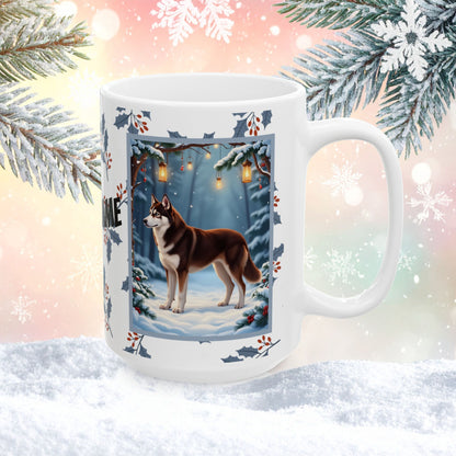 Husky (Chocolate Red) Winter Mug - chocolate red husky artwork standing in a festive winter setting with snow