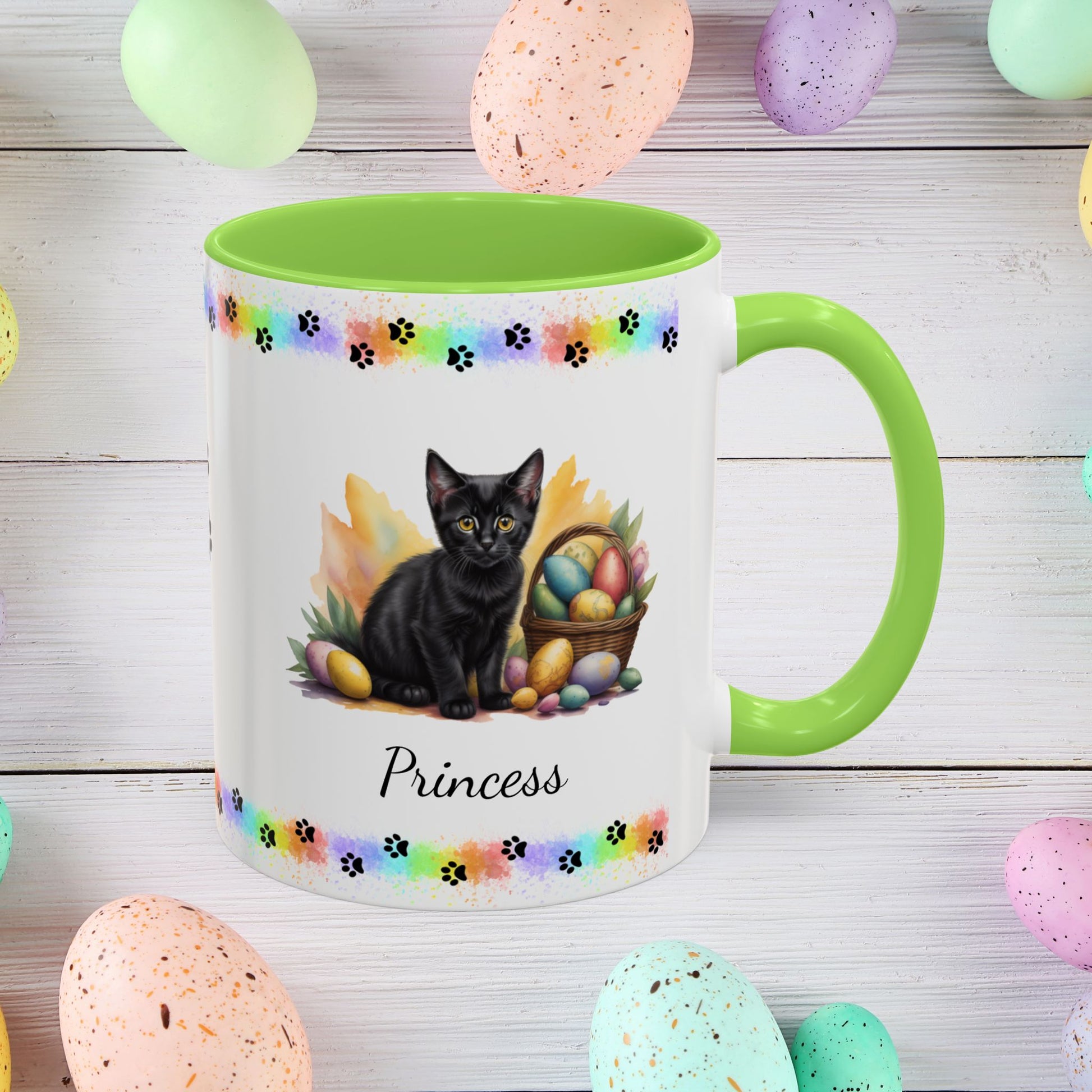 Bombay: Personalized Easter Kitten Coffee Mug - Adorable Cat Design, Mental Health Gift, 11oz & 15oz, 12 Color Choices, Easter Gifts & Décor