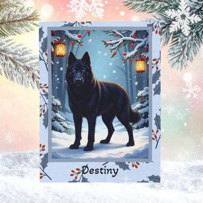 Husky Black custom winter blanket featuring a noble Husky standing in a bright illustrated winter lodge scene