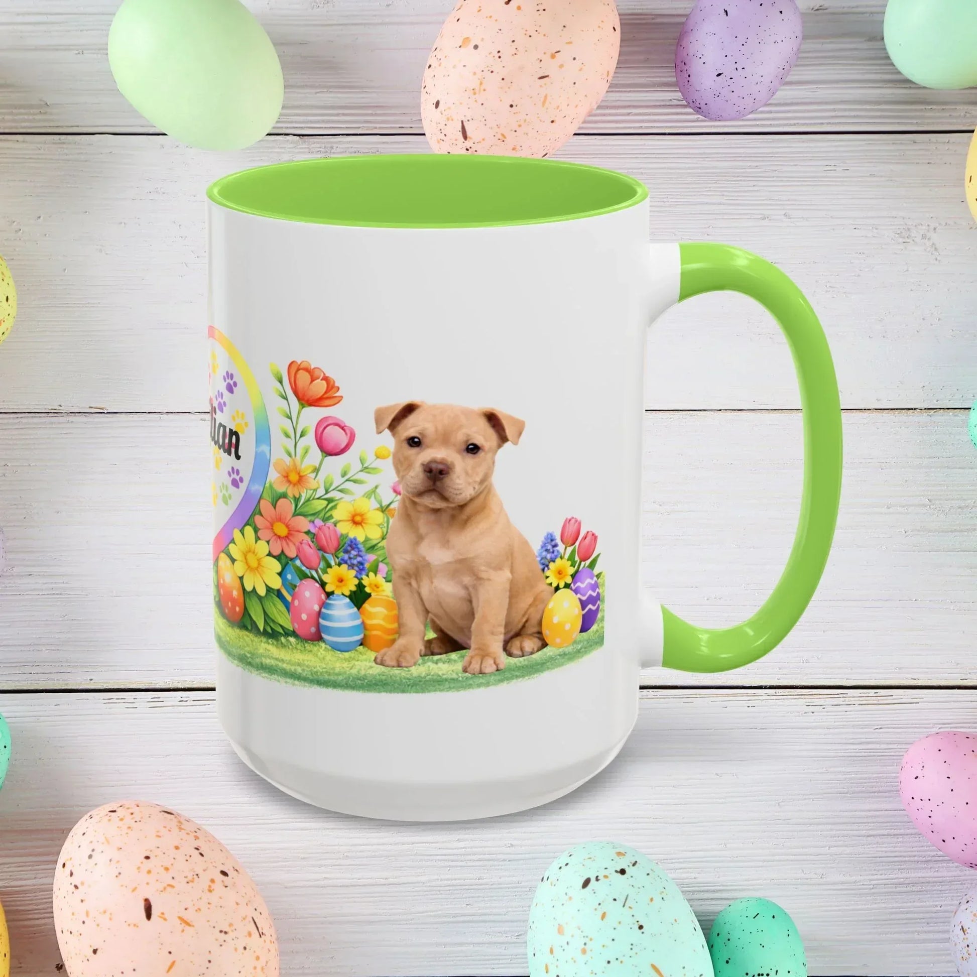 Shop our pitbull fawn puppy easter mug featuring the 15oz style option from MySisterIsASurvivor.