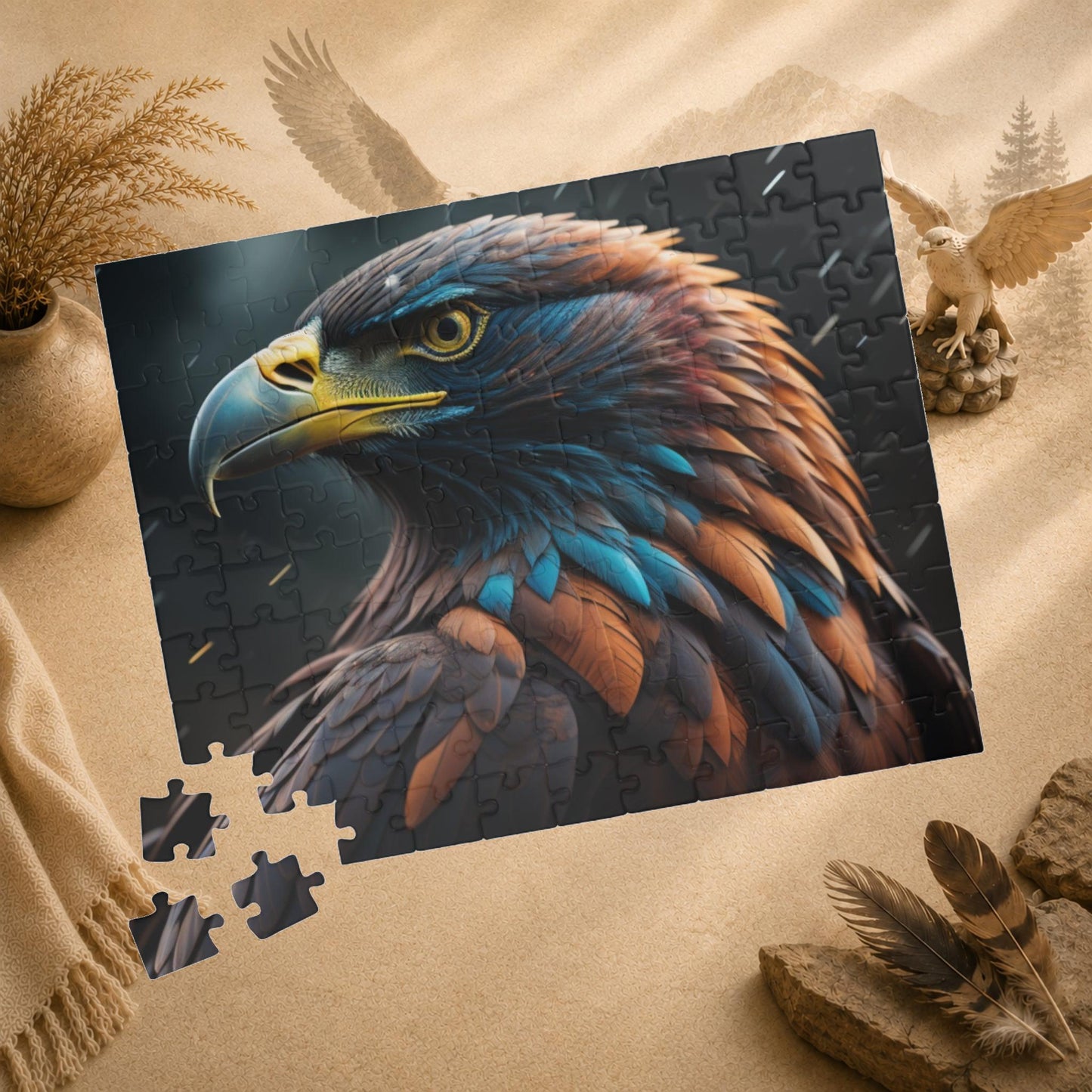 Eagle's Inspiration - Naturalistic Eagle Portrait Puzzle with Warm Brown Feathers and Stormy Background