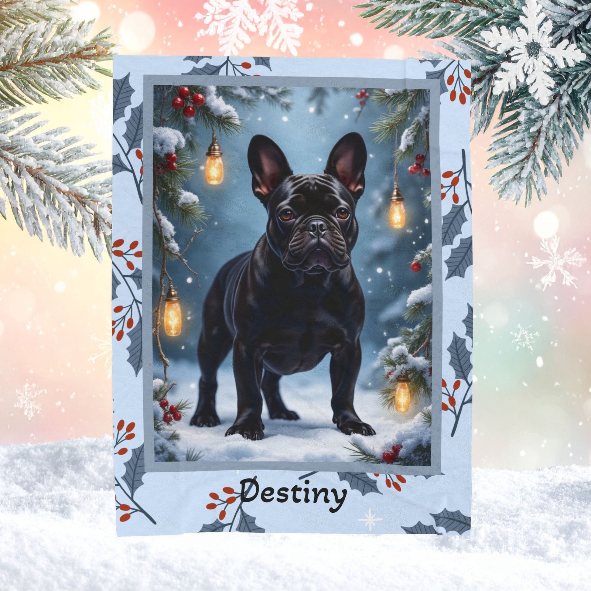 French Bulldog Black custom winter blanket featuring a charming Frenchie in a bright cozy lodge-style winter scene