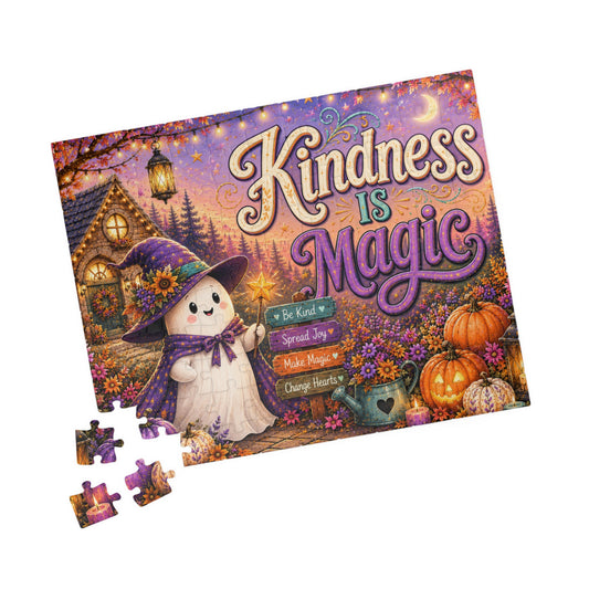Kindness Is Magic Halloween Puzzle - Witch Ghost with Magic Wand, Purple Pumpkins, and Wildflowers