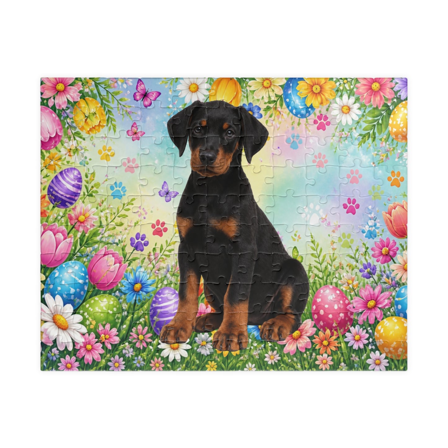 Doberman (Black & Rust) Easter Puppy Puzzle - Spring Garden with Eggs, Tulips, and Daisies