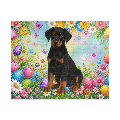 Doberman (Black & Rust) Easter Puppy Puzzle - Spring Garden with Eggs, Tulips, and Daisies