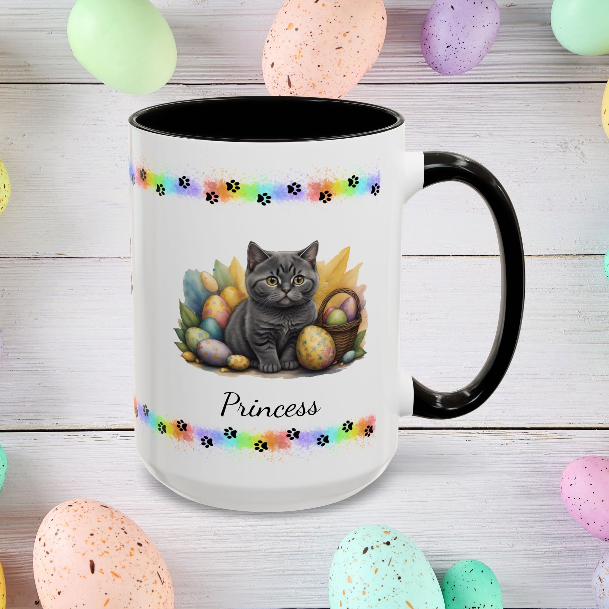 British Shorthair: Personalized Easter Kitten Coffee Mug - Adorable Cat Design, Mental Health Gift, 11oz & 15oz, 12 Color Choices, Easter Gifts & Décor