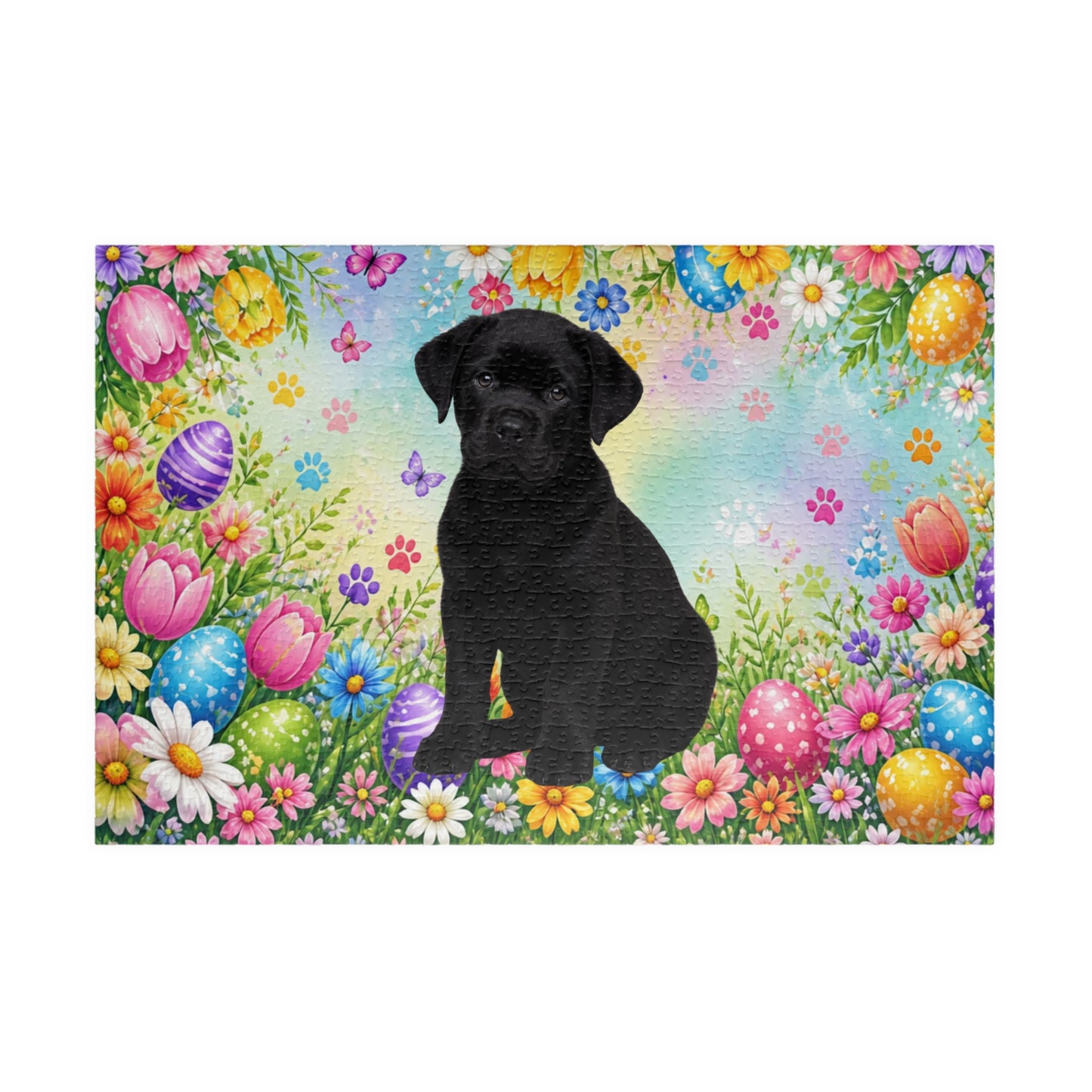 Rottweiler (Black) Easter Puppy Puzzle - Bold Spring Garden with Eggs and Wildflowers