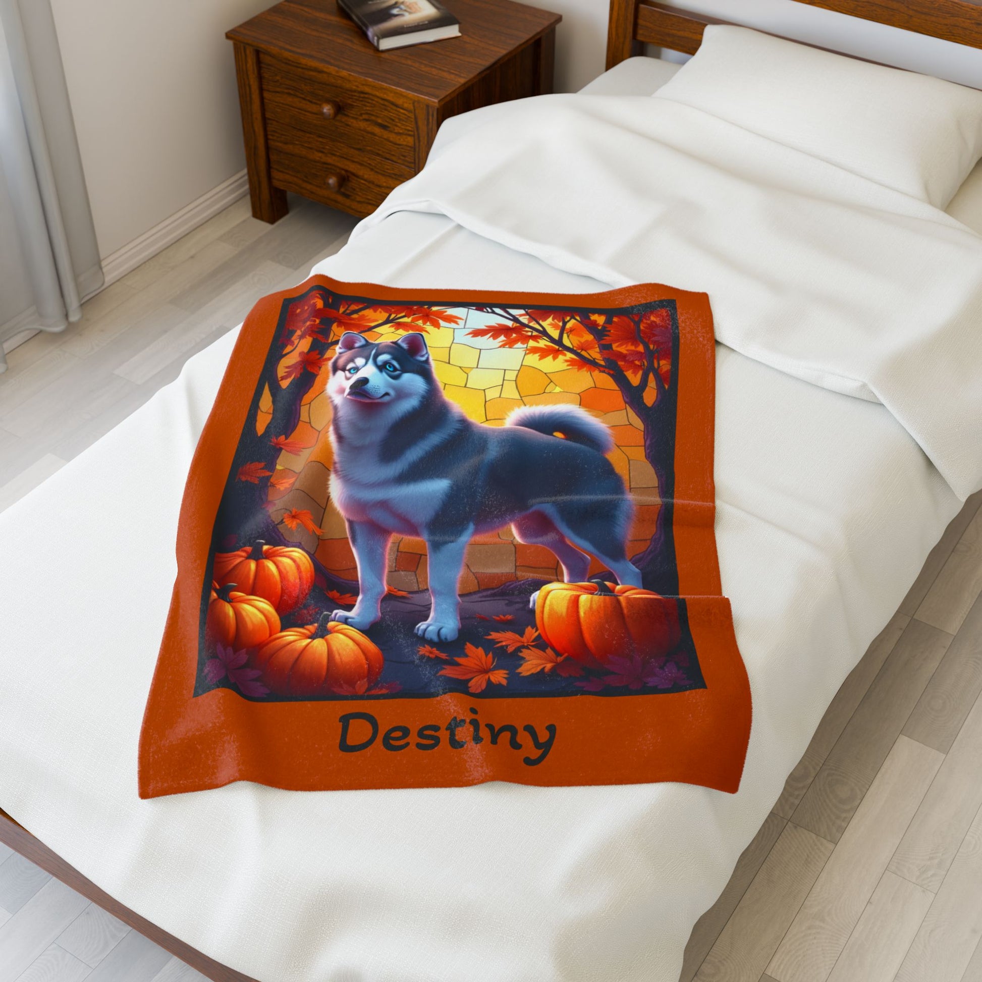 Dark Grey Husky blue eyes velveteen plush blanket, custom dog throw for Husky owners and fans - MySisterIsASurvivor