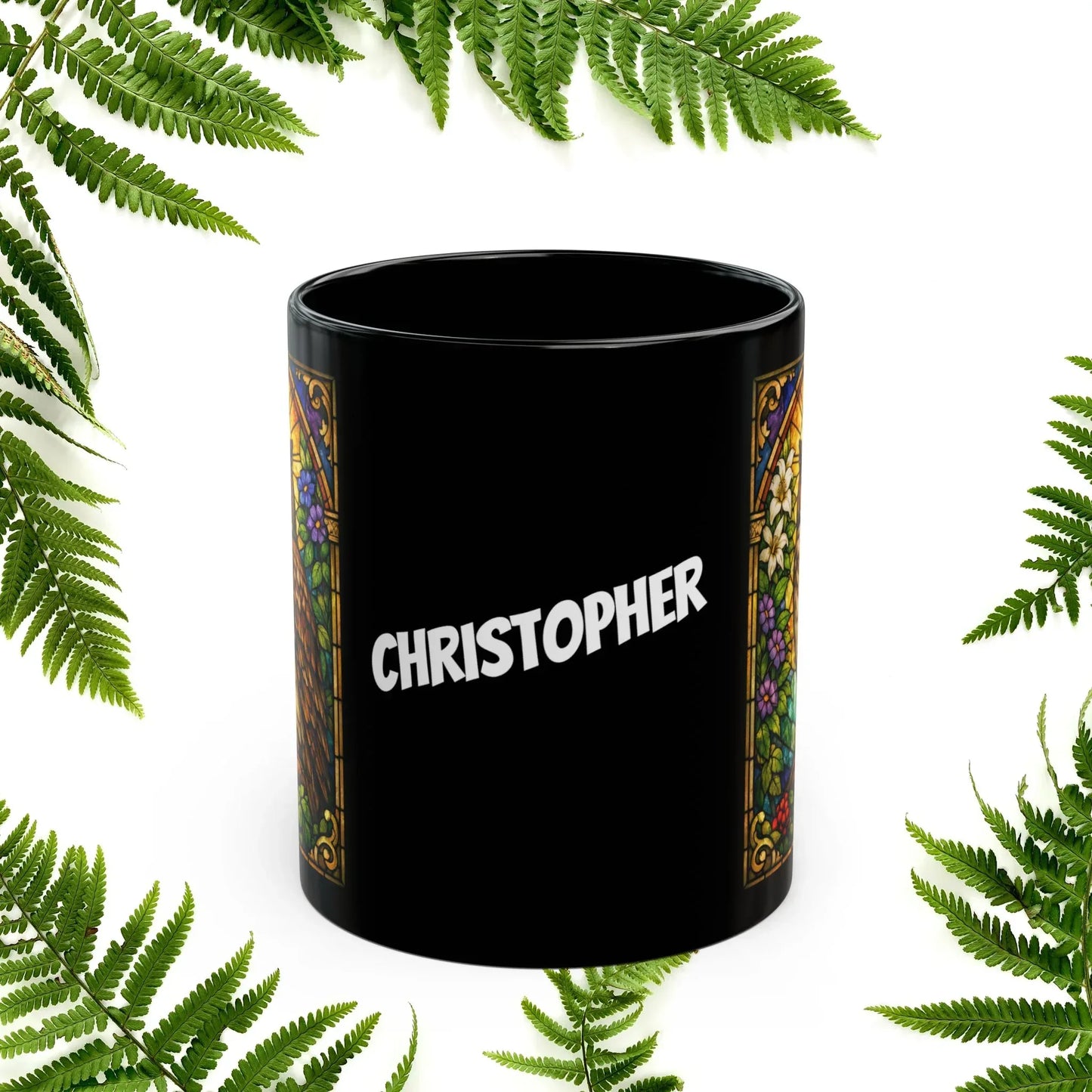 Shop our premium owl stained glass style black mug from MySisterIsASurvivor.