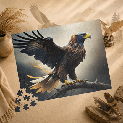 Sky Majesty Triumph - Cinematic Eagle Puzzle with One Wing Raised on Atmospheric Grey Background
