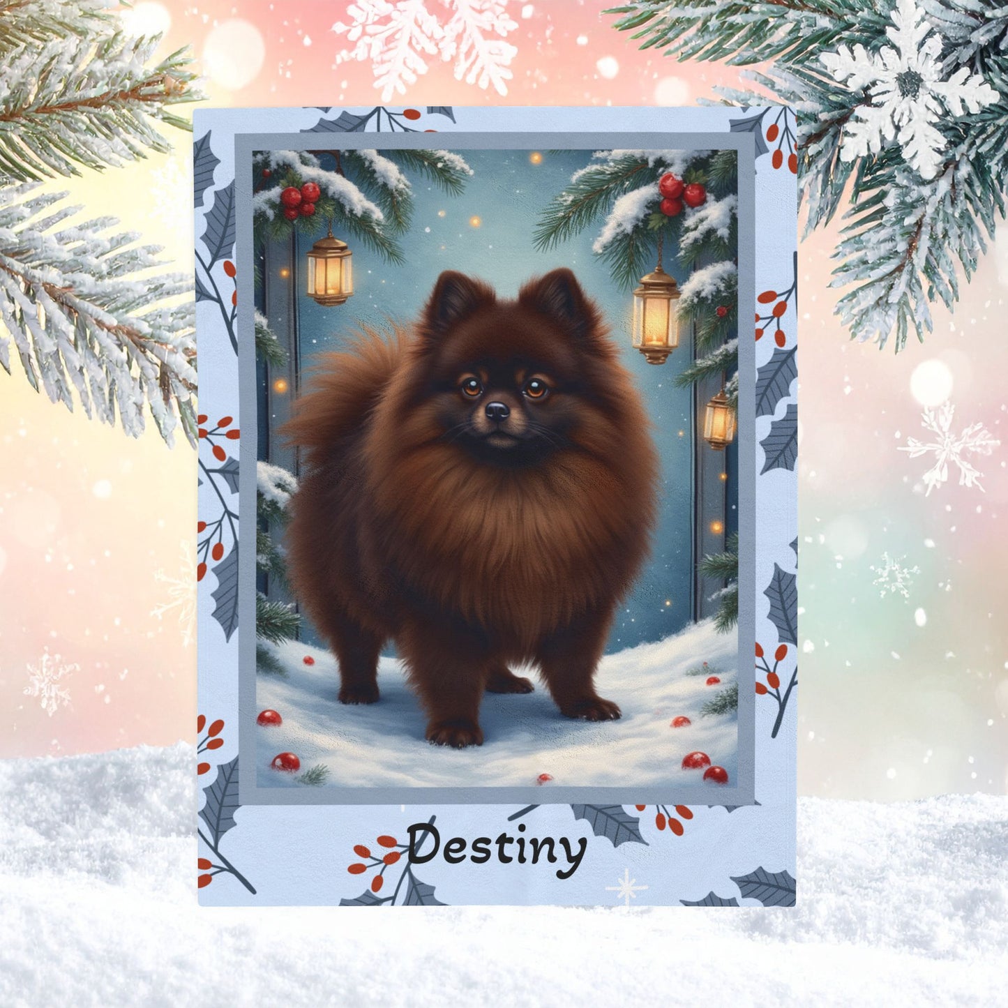 Pomeranian Chocolate custom winter blanket featuring a rich brown Pom in a bright winter lodge scene