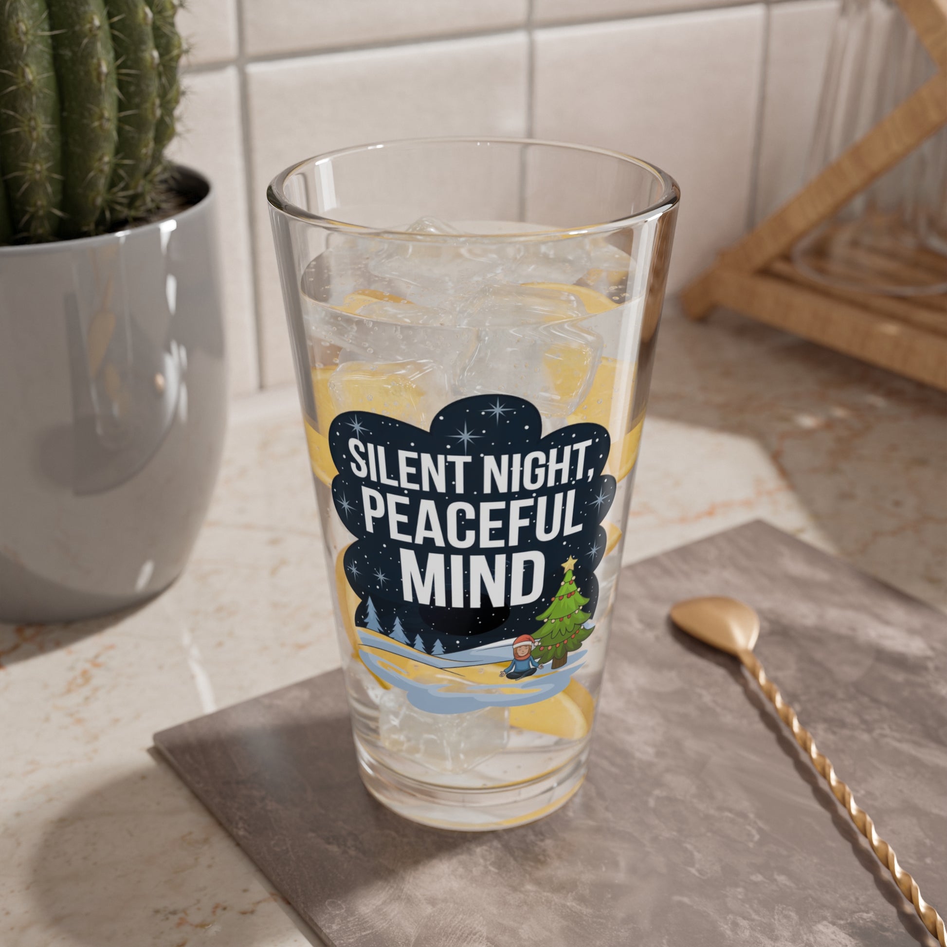 Silent Night, Peaceful Mind, Christmas Pint Glass, 16oz