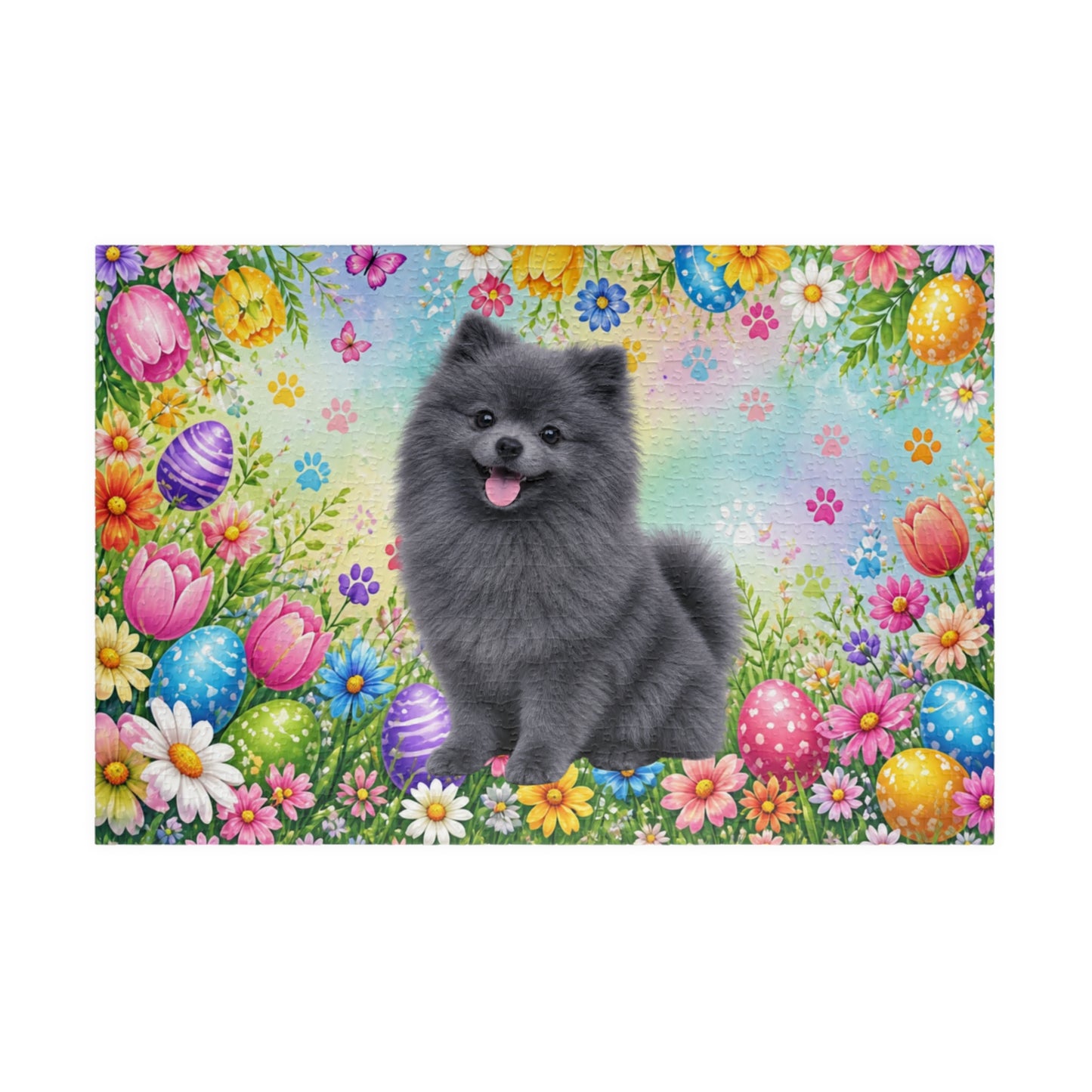Pomeranian (Blue) Easter Puppy Puzzle - Spring Garden with Eggs, Tulips, and Daisies
