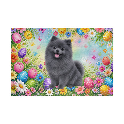 Pomeranian (Blue) Easter Puppy Puzzle - Spring Garden with Eggs, Tulips, and Daisies