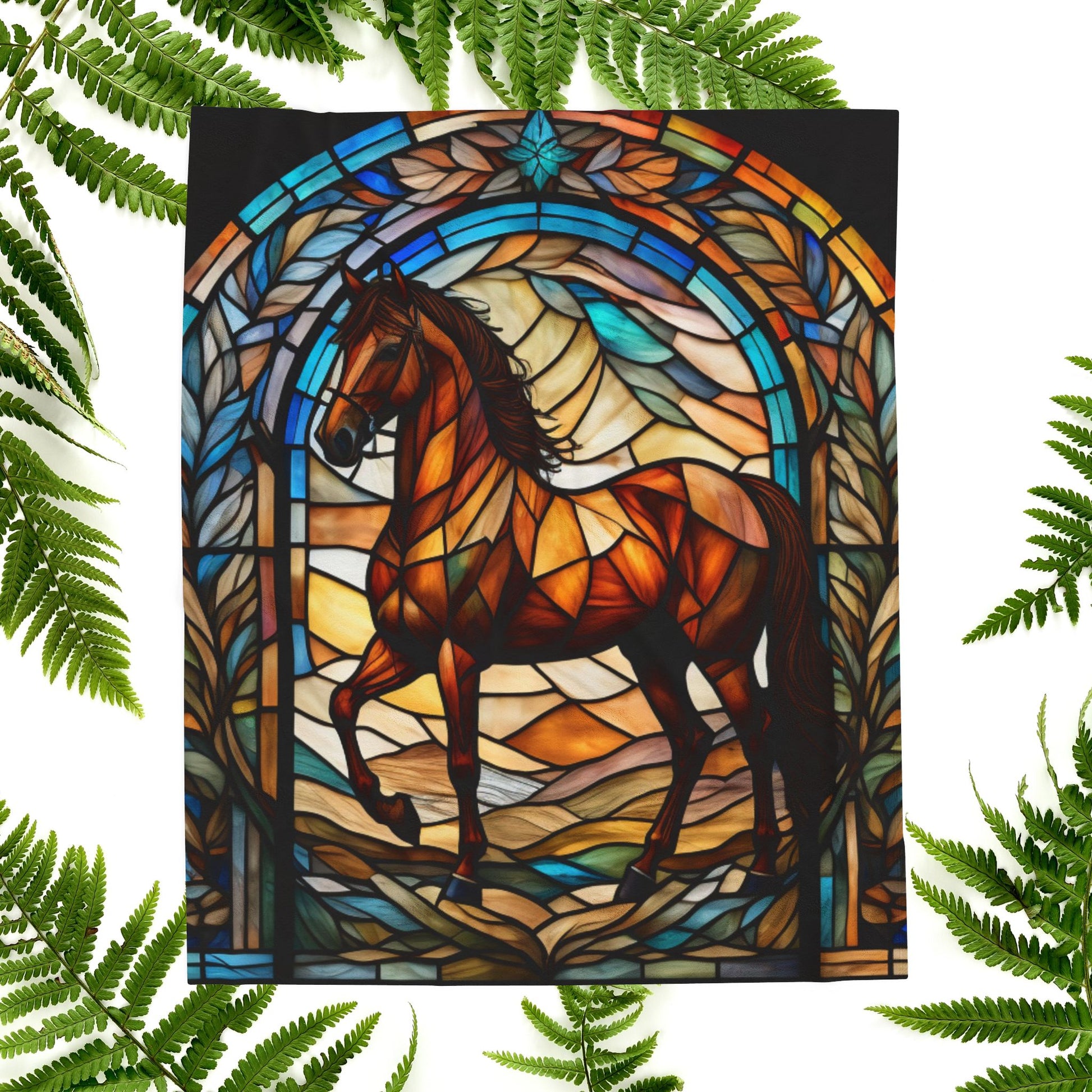 A peaceful horse blanket designed with stained glass art for relaxation and mindfulness.