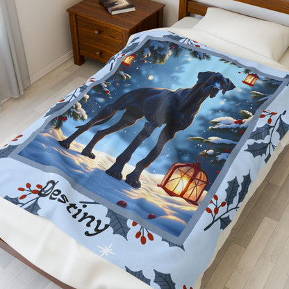Great Dane Blue personalized winter throw with elegant Great Dane artwork in a bright winter lodge scene