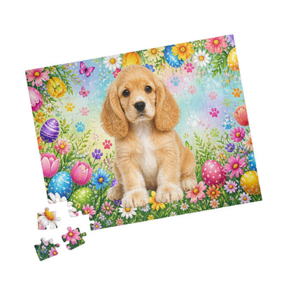 American Cocker Spaniel (Lemon & White) Easter Puppy Puzzle - Spring Garden with Eggs, Tulips, and Daisies