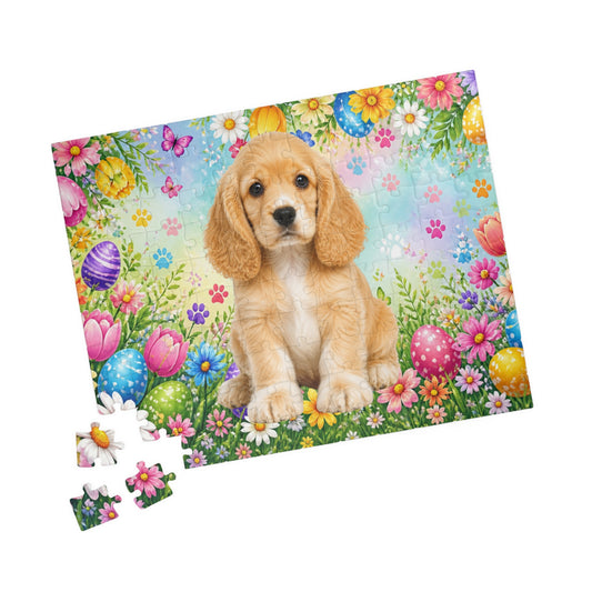 American Cocker Spaniel (Lemon & White) Easter Puppy Puzzle - Spring Garden with Eggs, Tulips, and Daisies