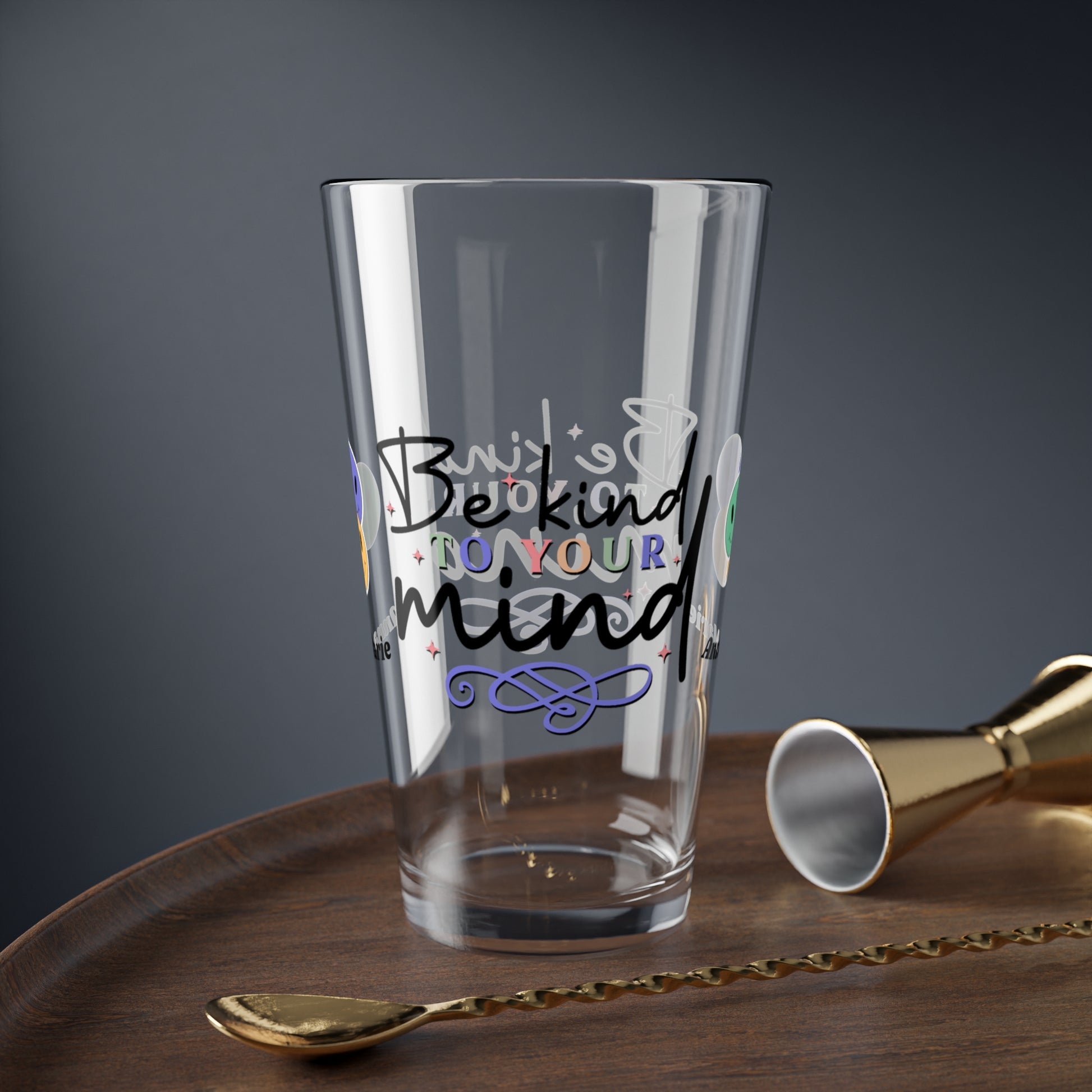 Be Kind to Your Mind retro mental health pint glass with personalized clear glass