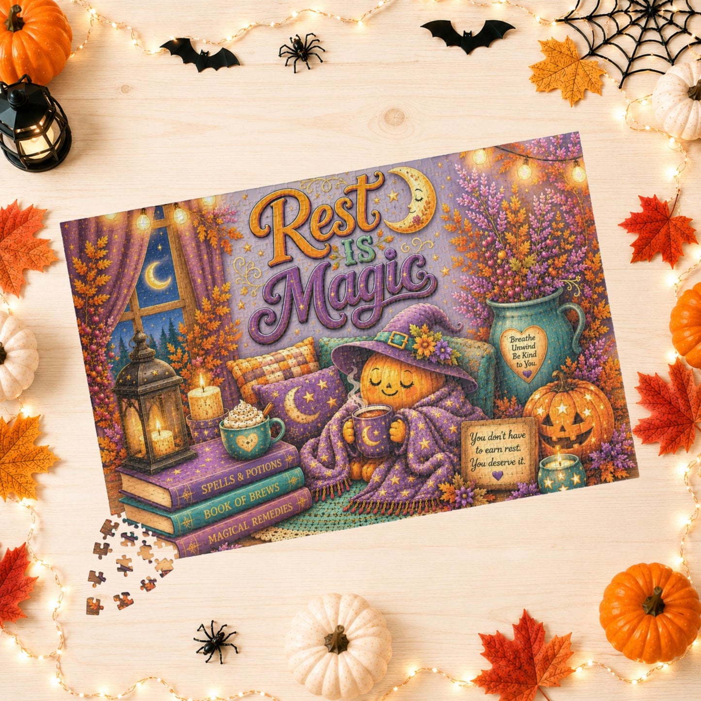 Rest Is Magic Halloween Puzzle - Cozy Pumpkin with Moon Mug, You Deserve Rest Sign, and Magical Books