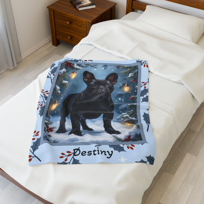 French Bulldog Black custom winter blanket featuring a charming Frenchie in a bright cozy lodge-style winter scene