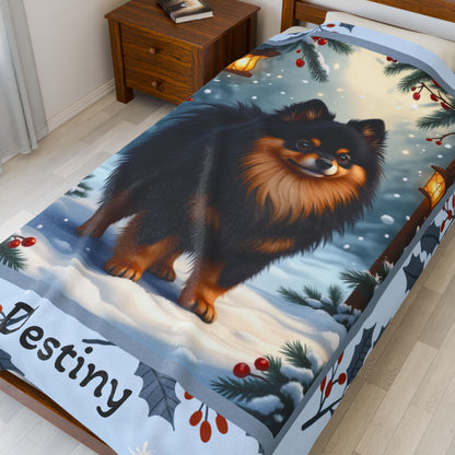 Pomeranian Black and Tan custom winter blanket featuring a fluffy Pom in a cozy illustrated lodge setting