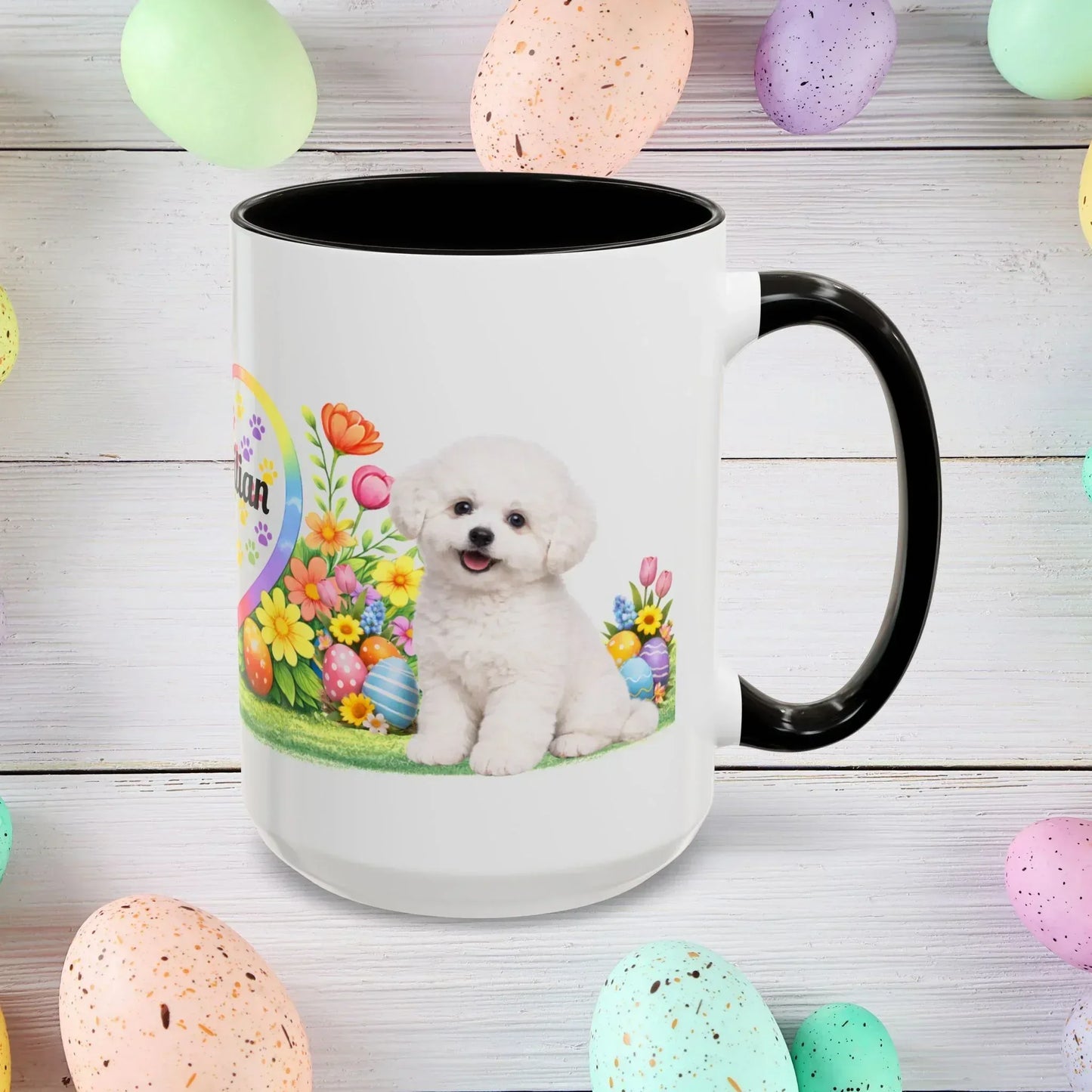 Shop our bichon frise puppy easter mug featuring the 15oz style option from MySisterIsASurvivor.