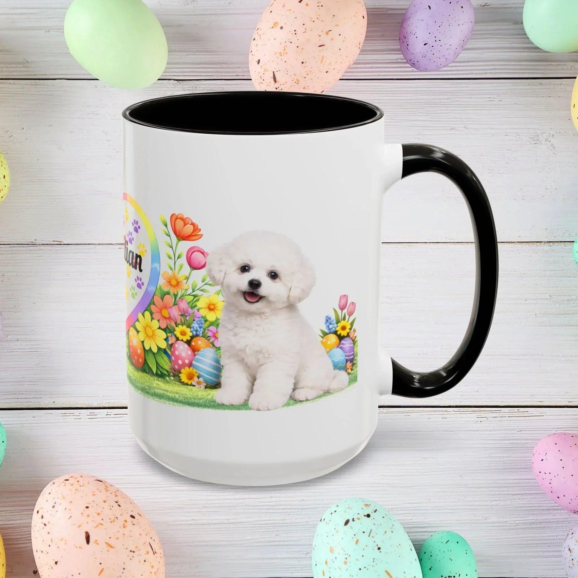 Shop our bichon frise puppy easter mug featuring the 15oz style option from MySisterIsASurvivor.