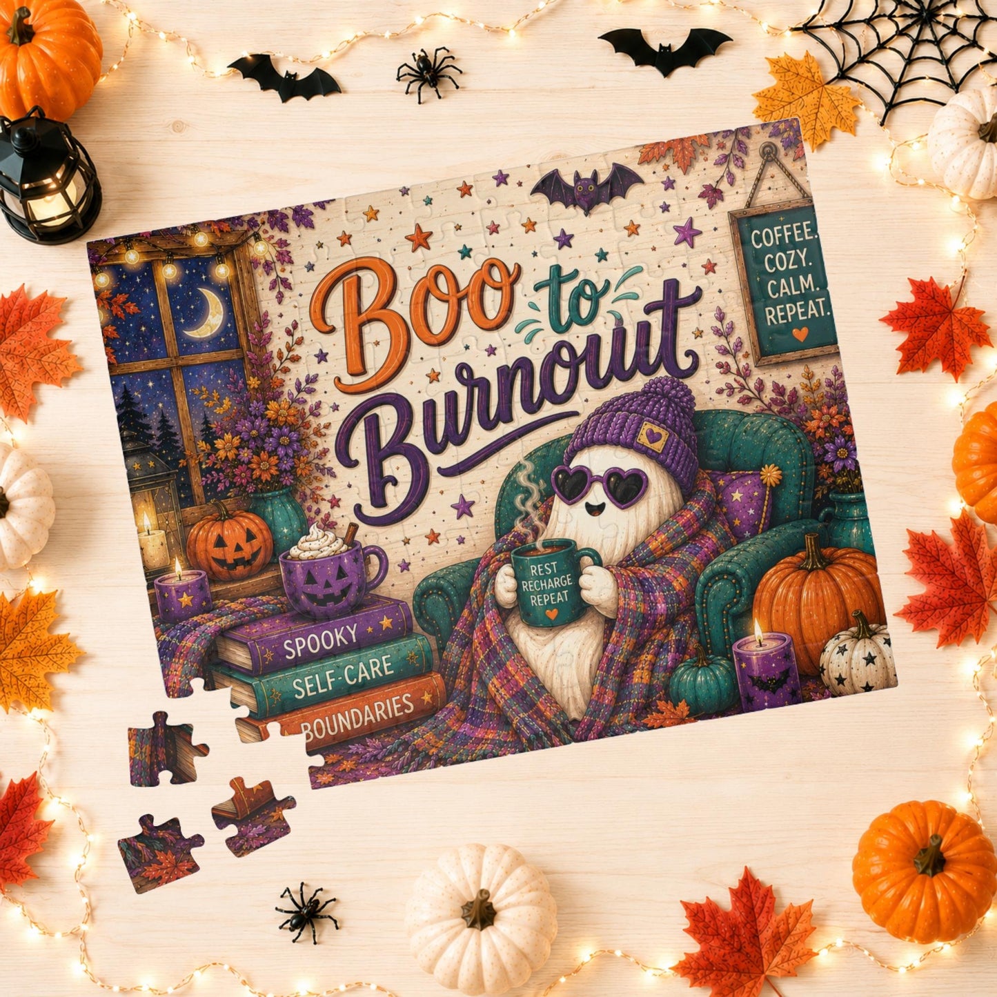 Boo to Burnout Halloween Puzzle - Ghost in Beanie with Rest Recharge Repeat Mug and Self-Care Books