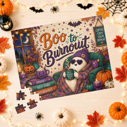 Boo to Burnout Halloween Puzzle - Ghost in Beanie with Rest Recharge Repeat Mug and Self-Care Books