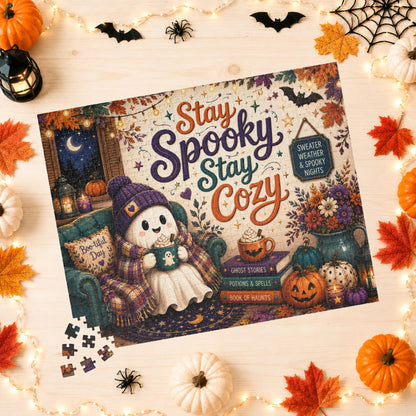 Stay Spooky Stay Cozy Halloween Puzzle - Ghost in Armchair with Boo-tiful Day Pillow and Ghost Stories Books