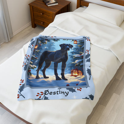 Great Dane Blue personalized winter throw with elegant Great Dane artwork in a bright winter lodge scene