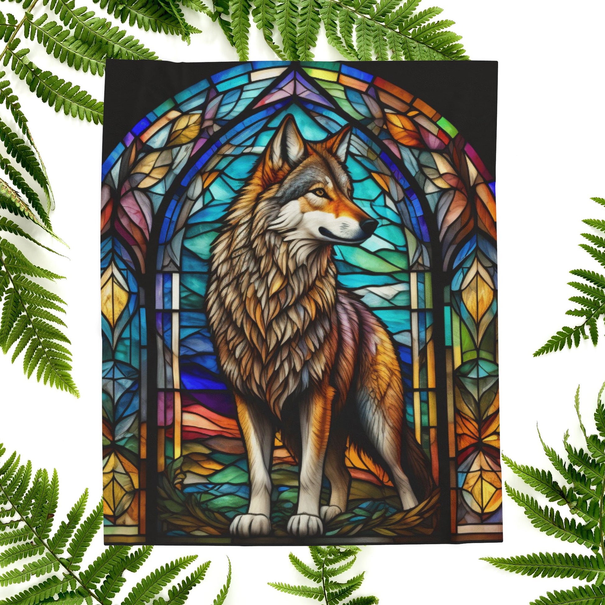 A mystical wolf blanket featuring stained glass-style artwork for serenity and warmth.