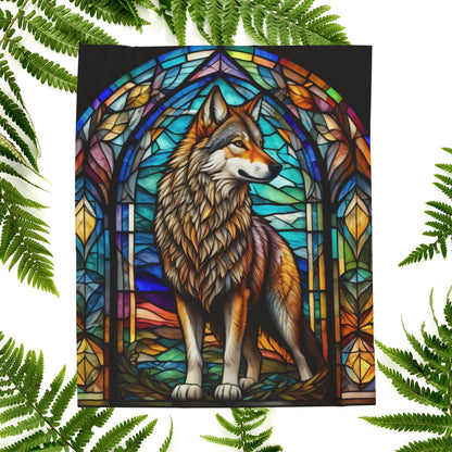 A mystical wolf blanket featuring stained glass-style artwork for serenity and warmth.