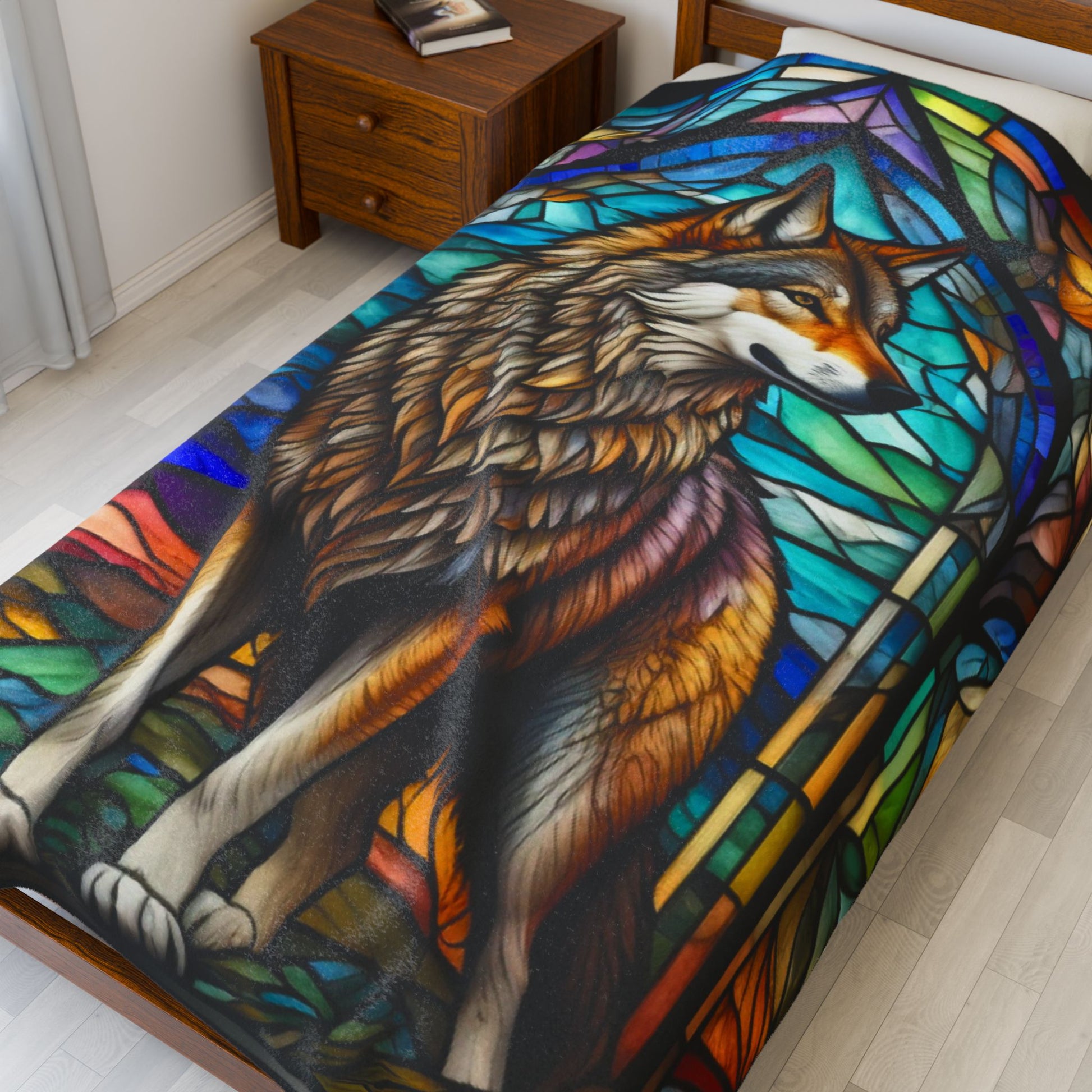 A mystical wolf blanket featuring stained glass-style artwork for serenity and warmth.