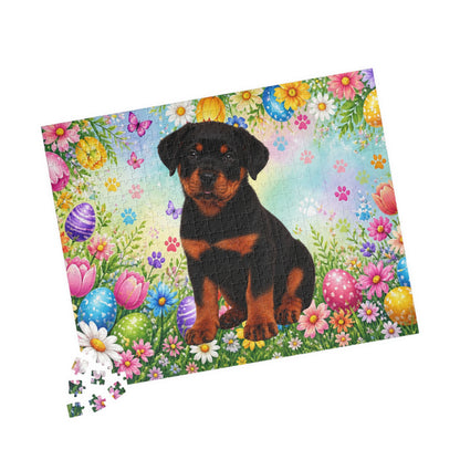 Rottweiler (Black & Rust) Easter Puppy Puzzle - Spring Garden with Eggs, Tulips, and Daisies