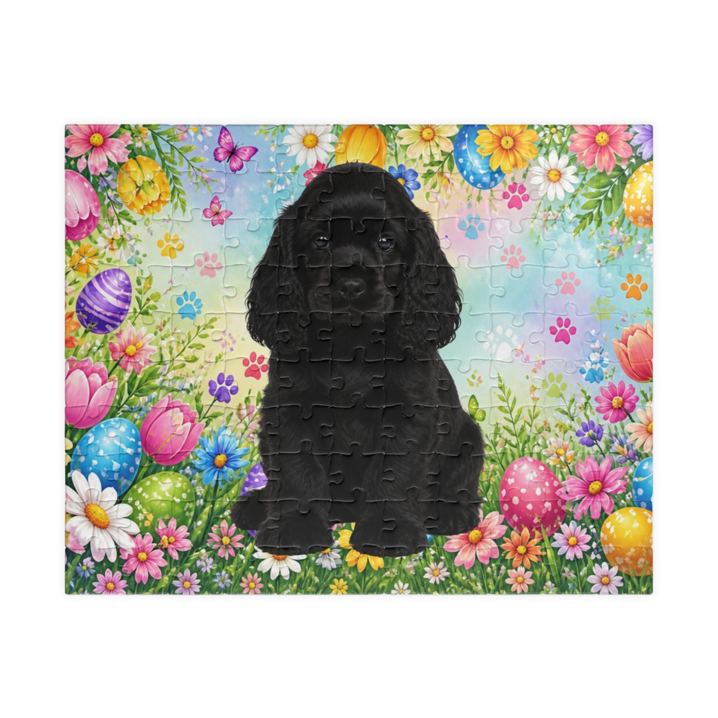 American Cocker Spaniel (Black) Easter Puppy Puzzle - Spring Garden with Eggs, Tulips, and Daisies