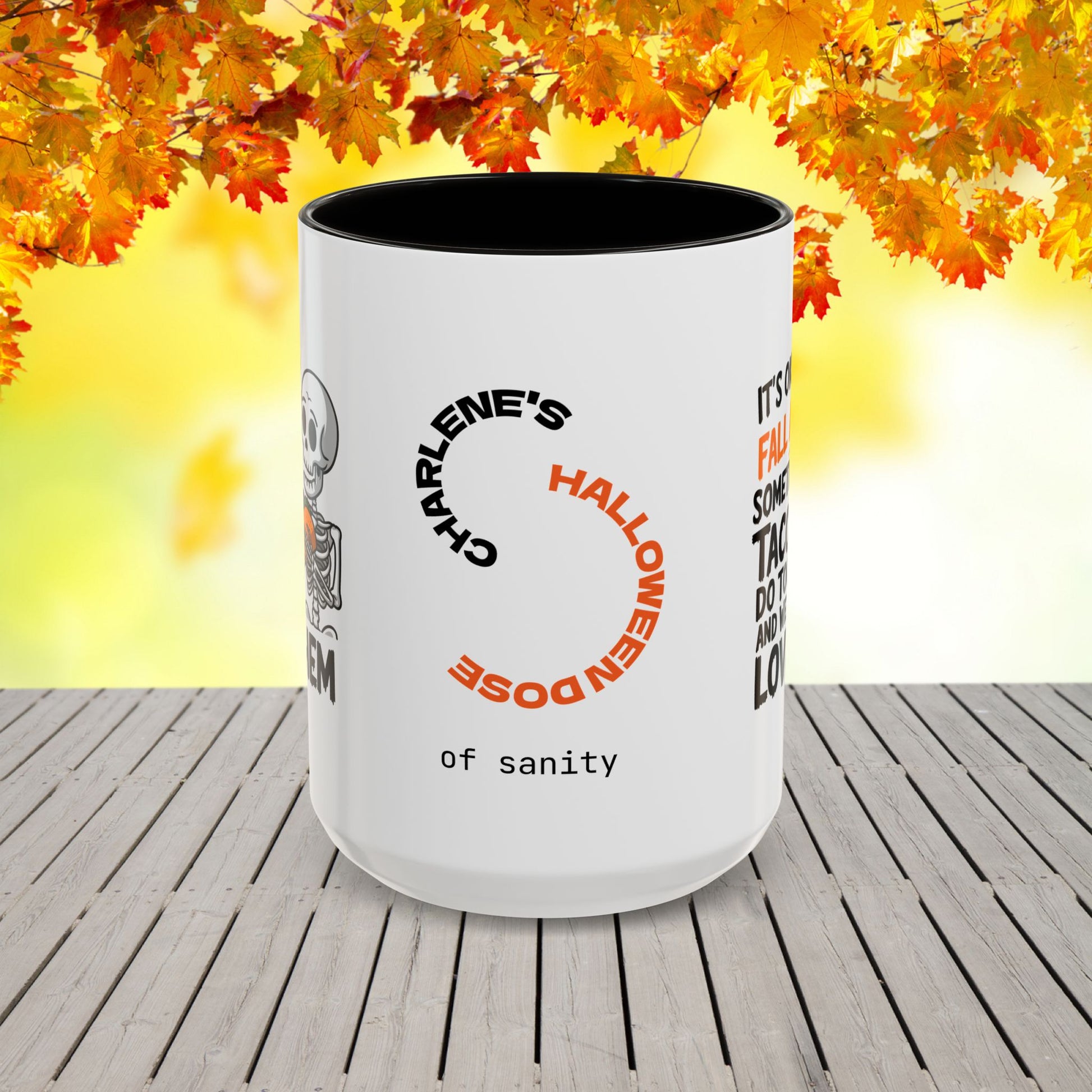 Personalized Halloween mug with taco quote, “It’s Okay to Fall Apart,” uplifting mental wellness gift with name.