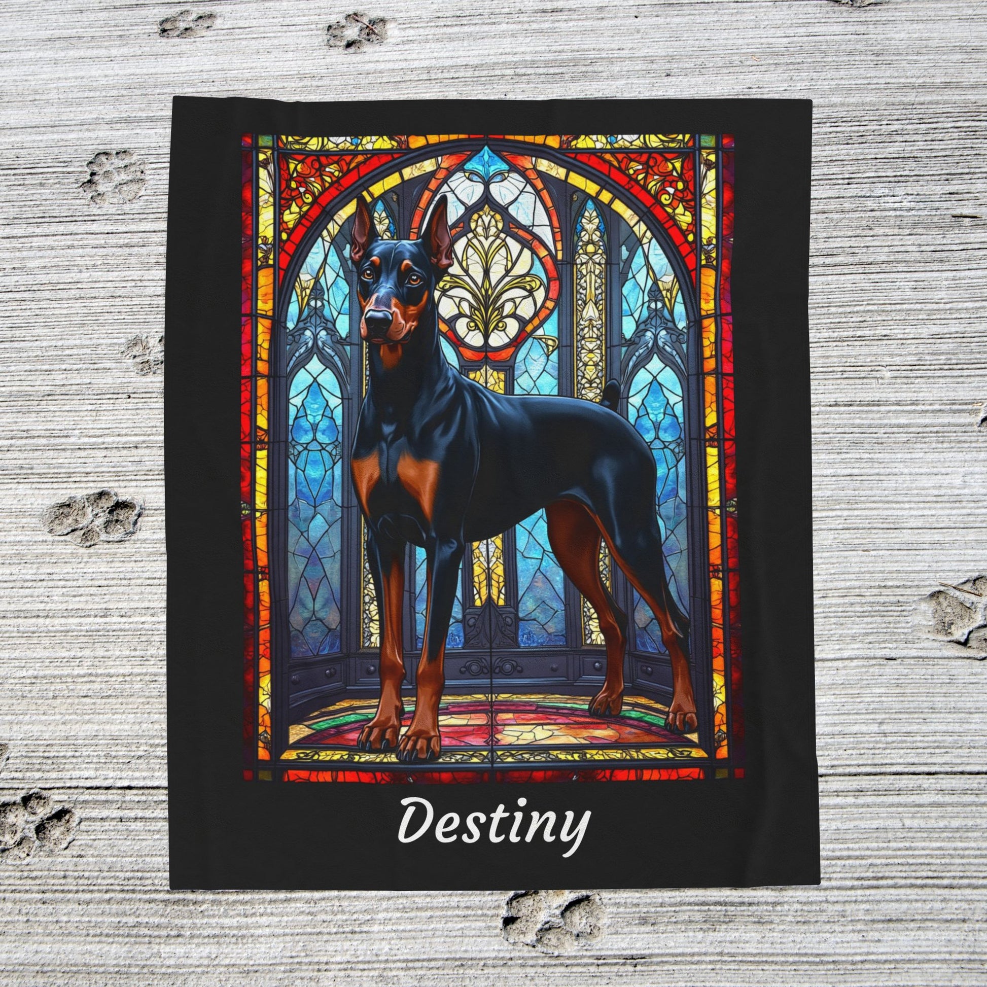 Doberman black and rust velveteen blanket, stained glass dog throw, personalized pet lover gift - MySisterIsASurvivor