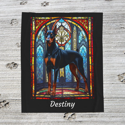 Doberman black and rust velveteen blanket, stained glass dog throw, personalized pet lover gift - MySisterIsASurvivor
