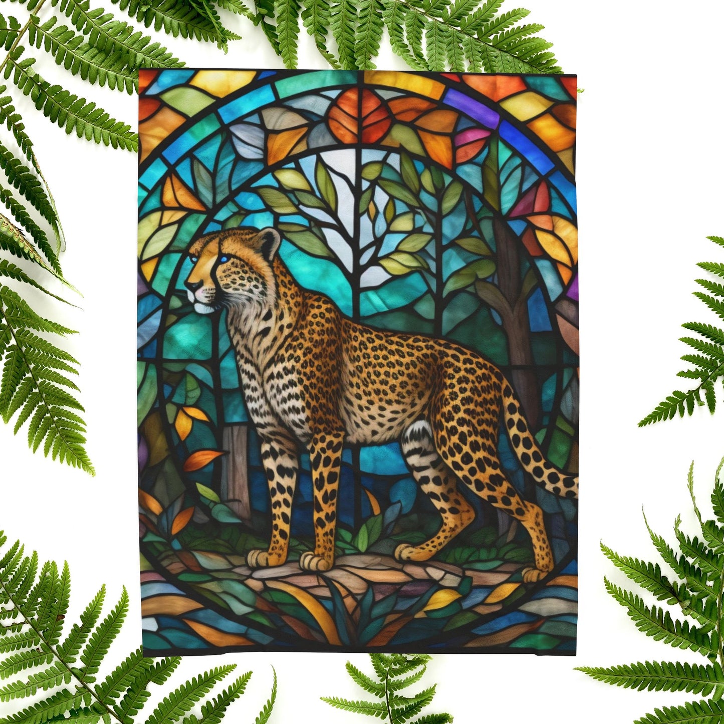 A soft cheetah blanket with stained glass-inspired artwork that adds wild beauty to any space.