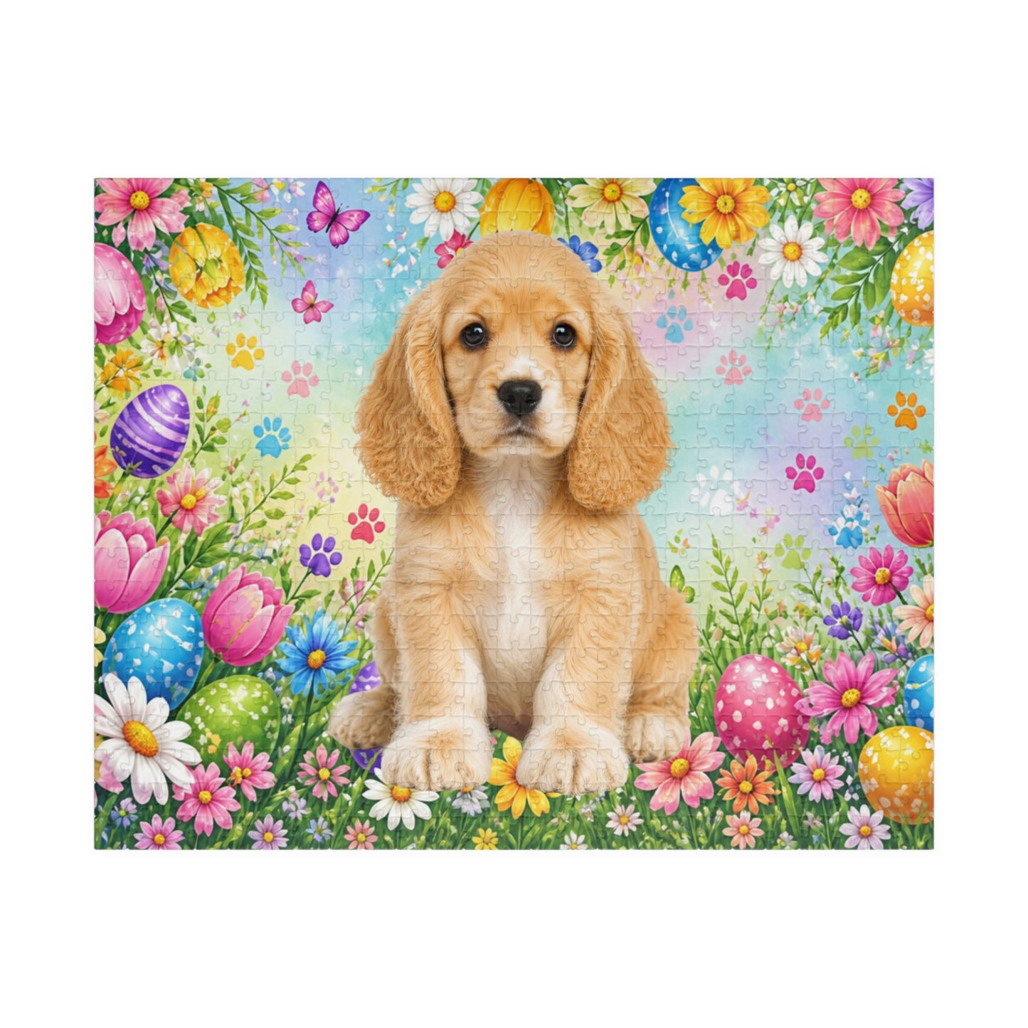 American Cocker Spaniel (Lemon & White) Easter Puppy Puzzle - Spring Garden with Eggs, Tulips, and Daisies