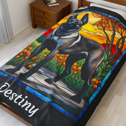 Belgian Malinois gray sable velveteen blanket, stained glass dog throw, personalized pet gift - MySisterIsASurvivor