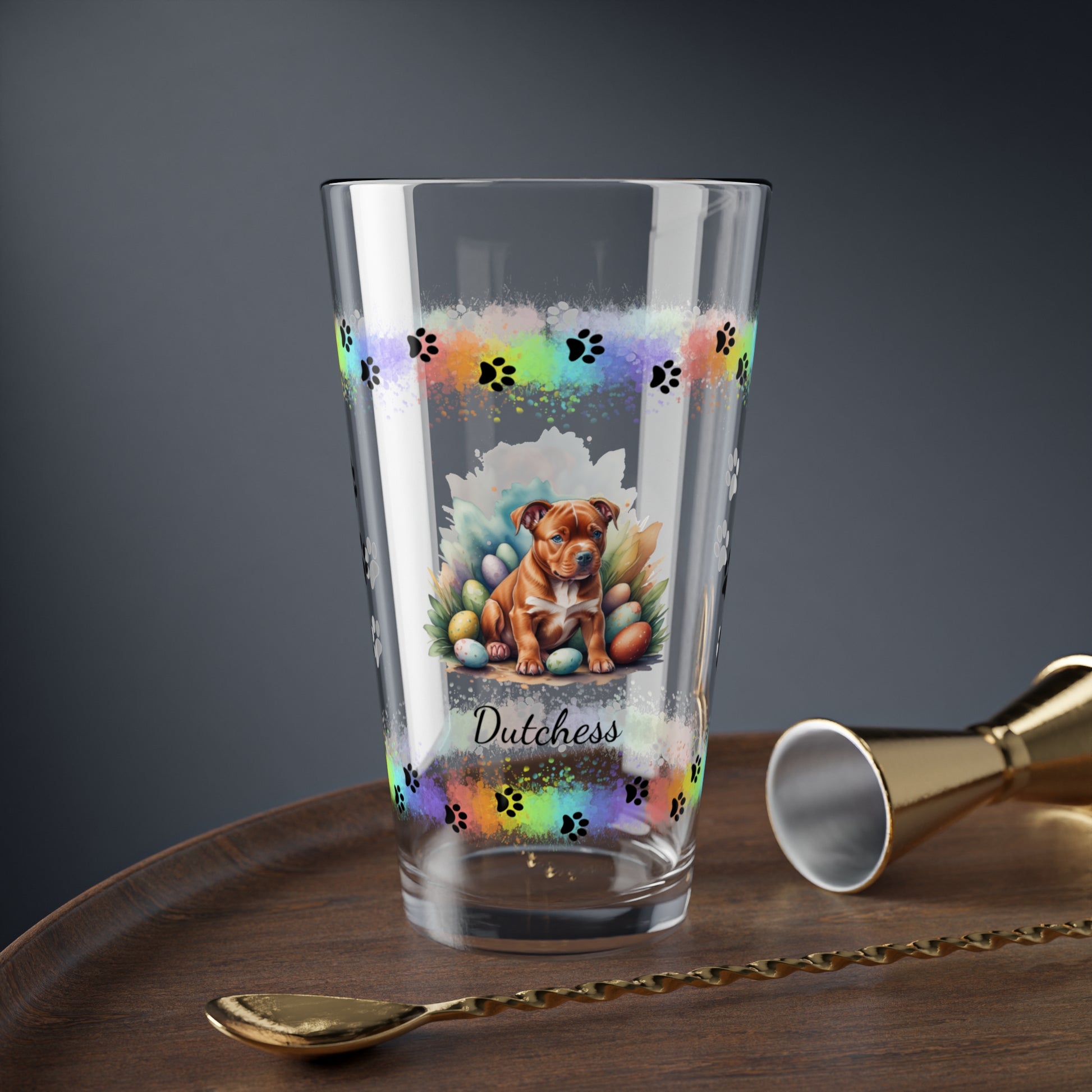 Pitbull (Red) Personalized Easter Puppy 16oz Pint Glass - Custom Dog Design, Mental Health Gift, Easter Décor, and Festive Celebrations