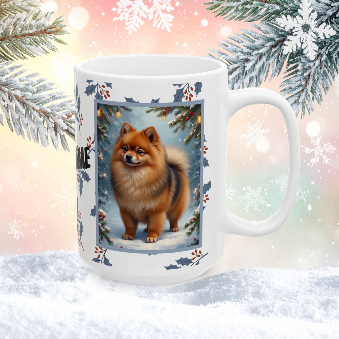 Pomeranian (Orange Sable) Winter Mug - orange sable pomeranian illustrated standing in a winter scene with pine trees